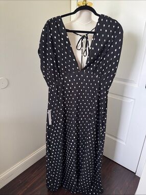 Anthropologie Black Polka Dot V-Neck Midi Dress with Back Tie new with tags